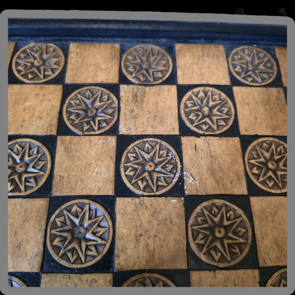 Vintage Vietnamese Hand-Carved Bone Inlay Chess / Checker Board – 13x13in - Picture 4 of 8